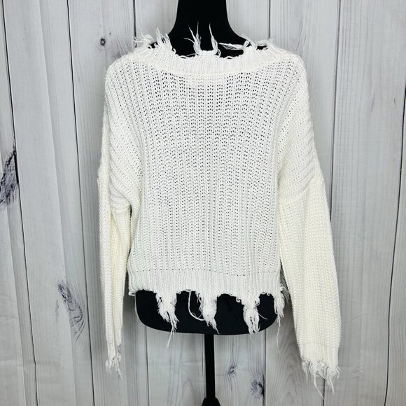 Love Tree Sz Small Cable Knit Crop Slouchy Fit White Sweater Distressed Fringe - Picture 7 of 10